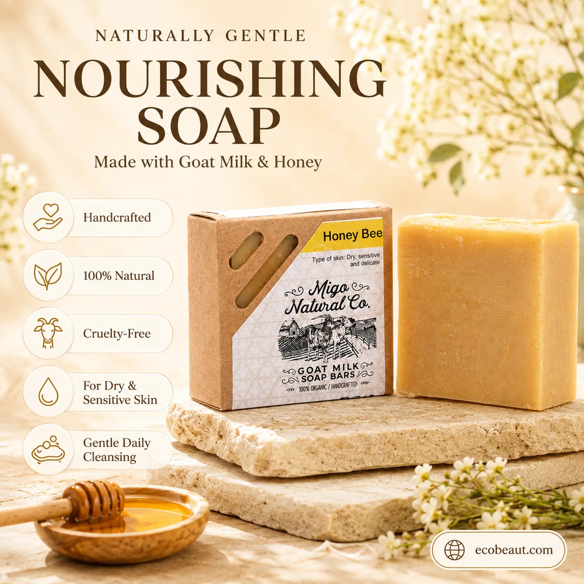 A bar of honey bee goat milk soap stands beside its kraft paper box on a stone slab, with a honey dipper and small bowl in the foreground. Text on the left highlights handcrafted, natural, cruelty-free qualities, and the top reads 'Naturally Gentle Nourishing Soap Made with Goat Milk & Honey.