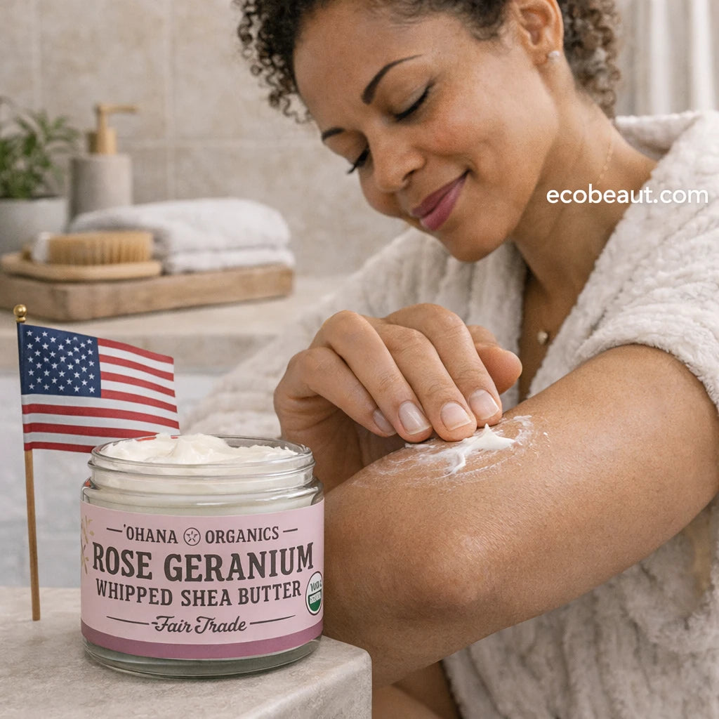 Woman applying rose geranium whipped shea butter to her arm with a jar of the product in front of her.