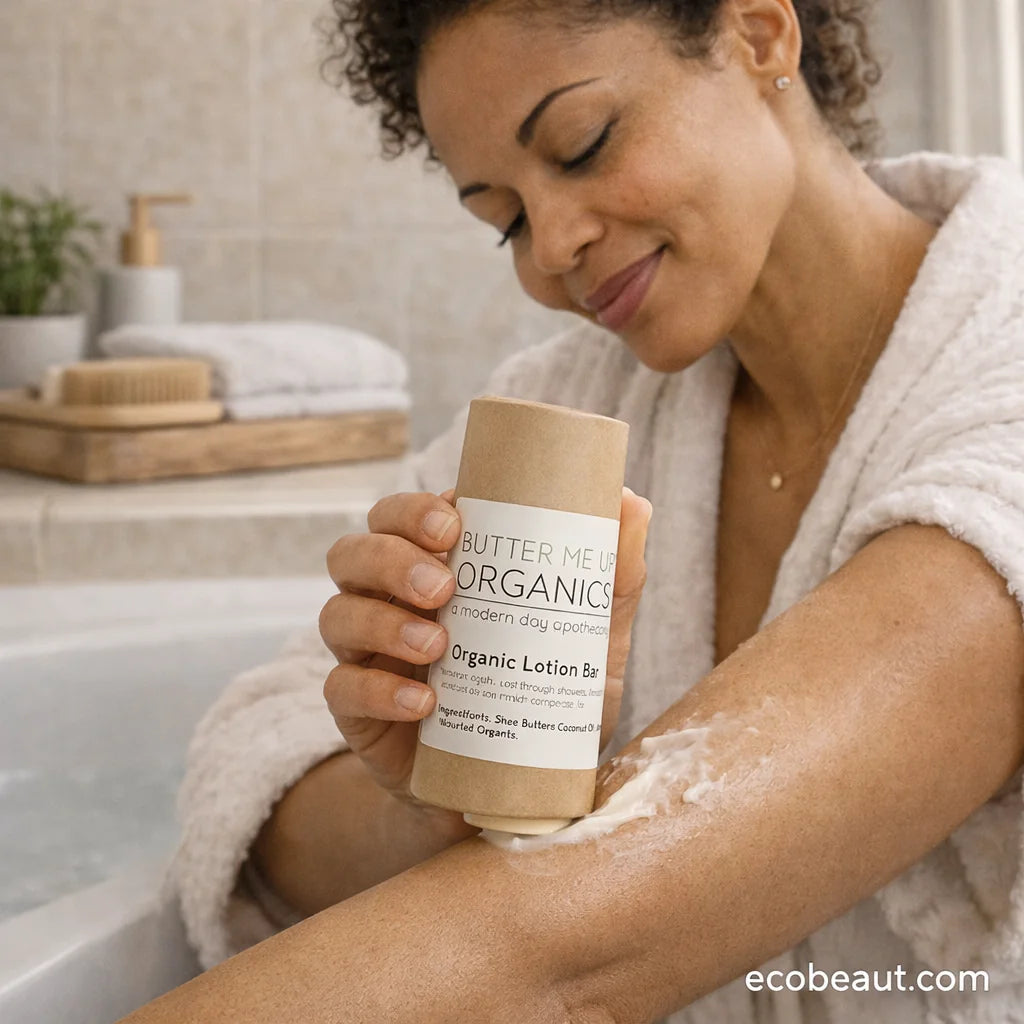 Woman applying lotion bar to arm in a bathroom setting