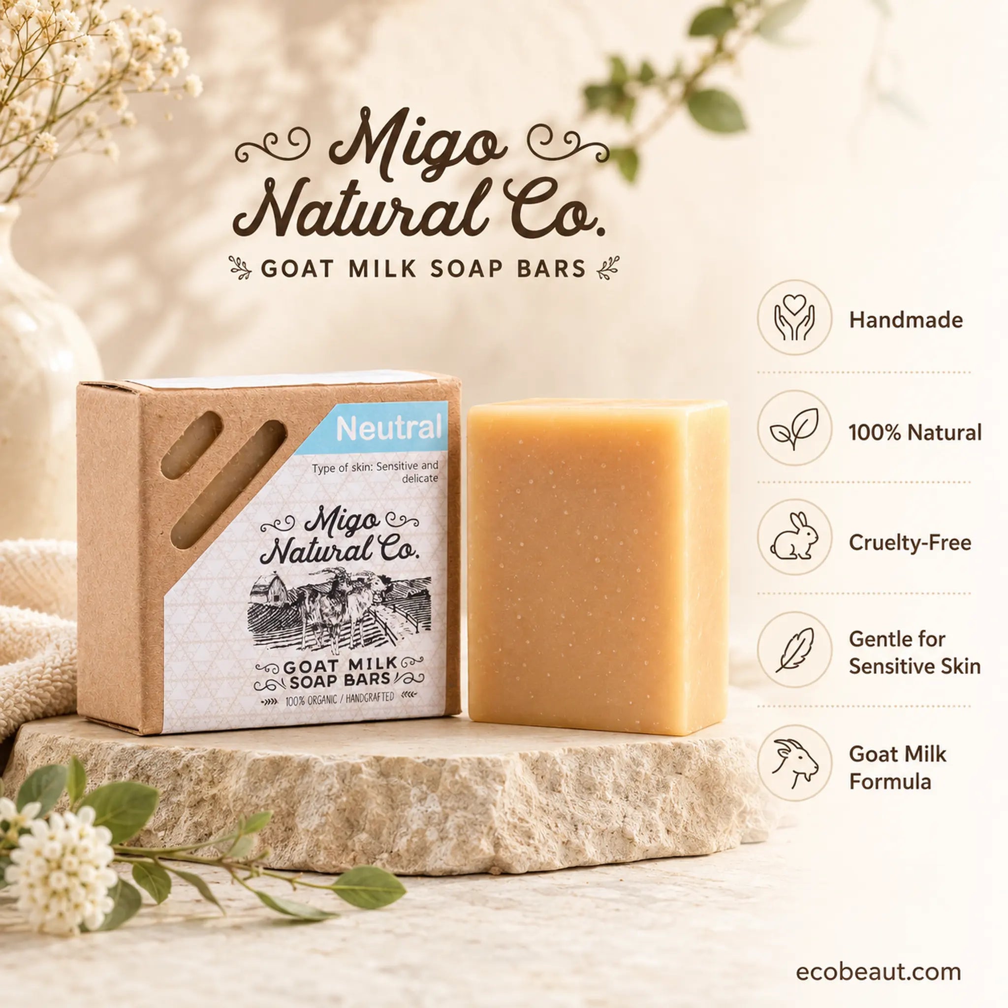 Neutral Goat Milk Soap Bar – Gentle Moisturizing Face & Body Cleanser