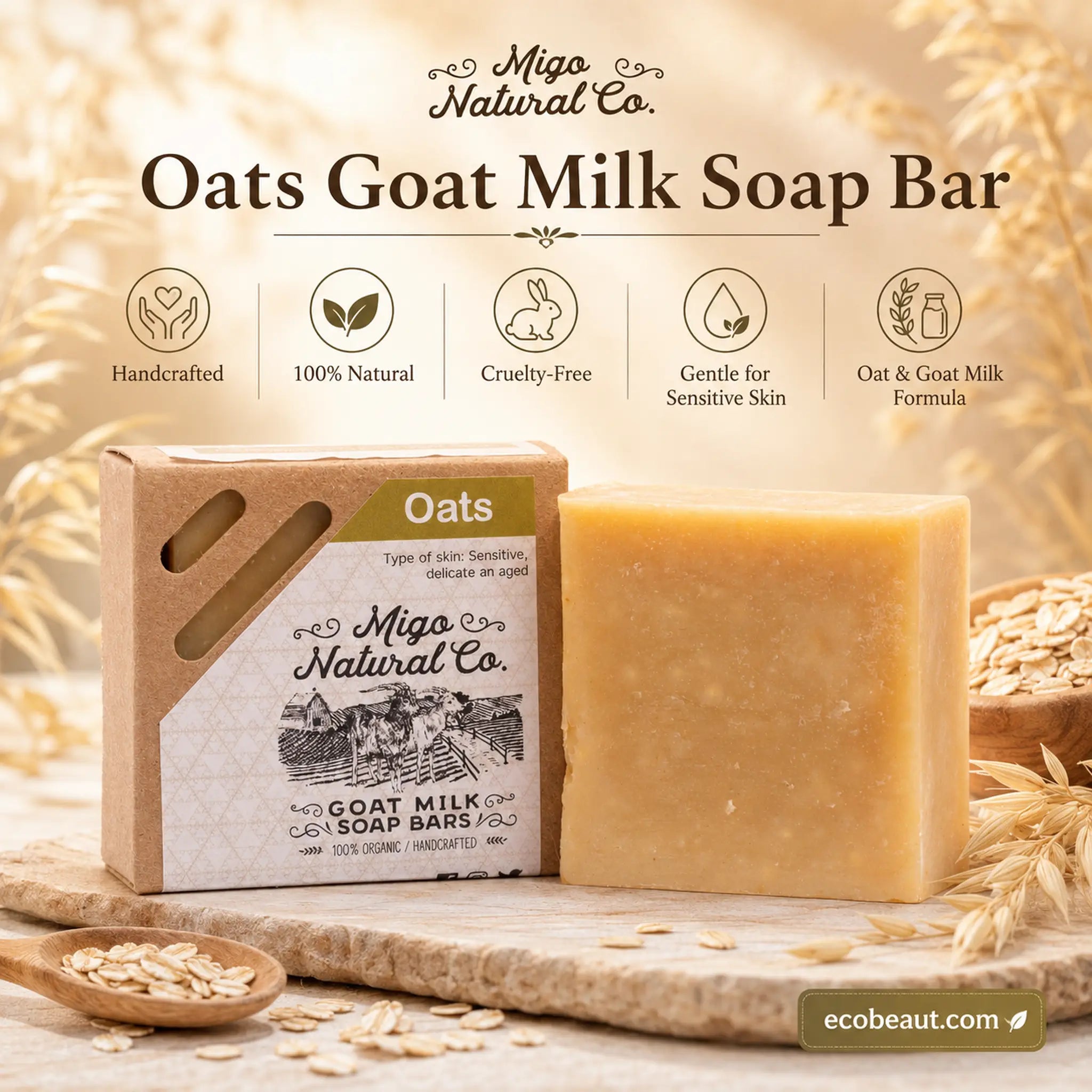 Migo Natural Co. Oats Goat Milk Soap Bar shown with its kraft paper packaging box and a solid bar of pale golden soap on a rustic wooden board, surrounded by oats and wheat in a warm, natural setting.