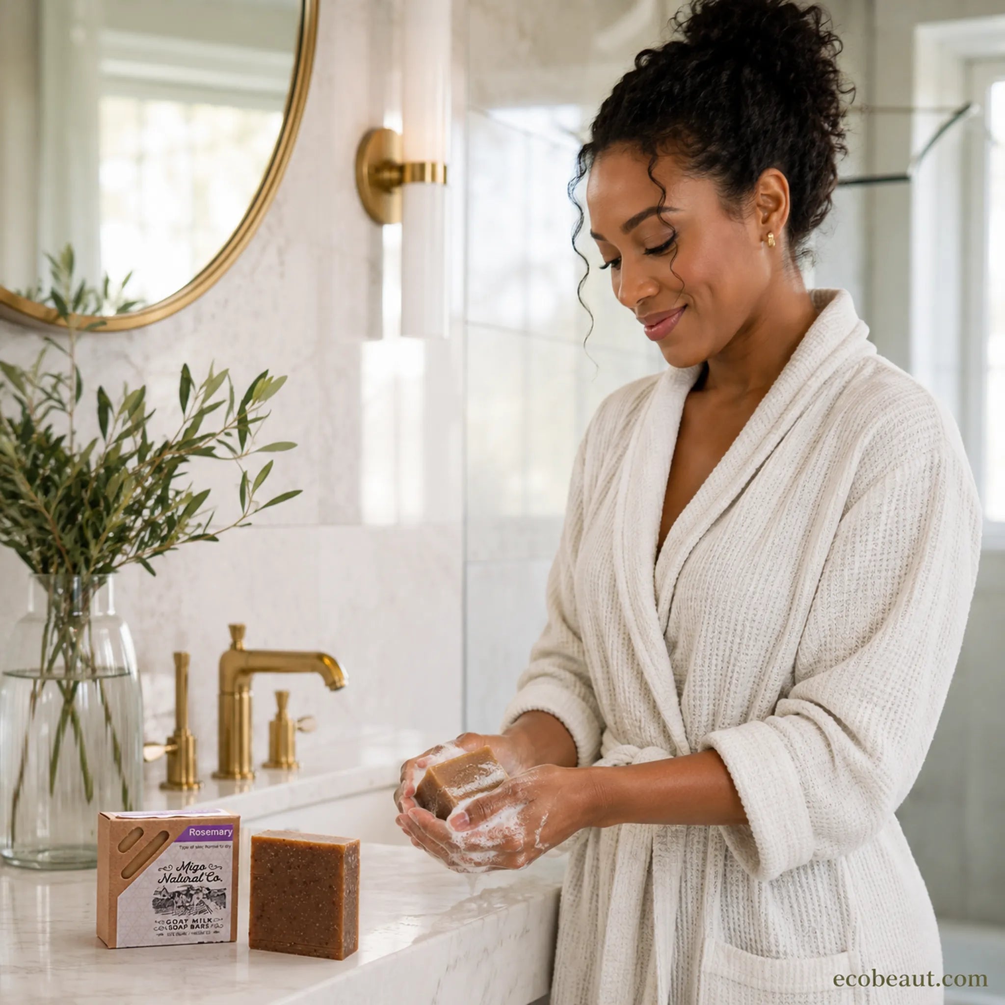 A woman in a white waffle-knit robe stands at a bathroom counter washing her hands while holding a bar of soap. A small soap package labeled Ecobauty is placed on the counter beside her.