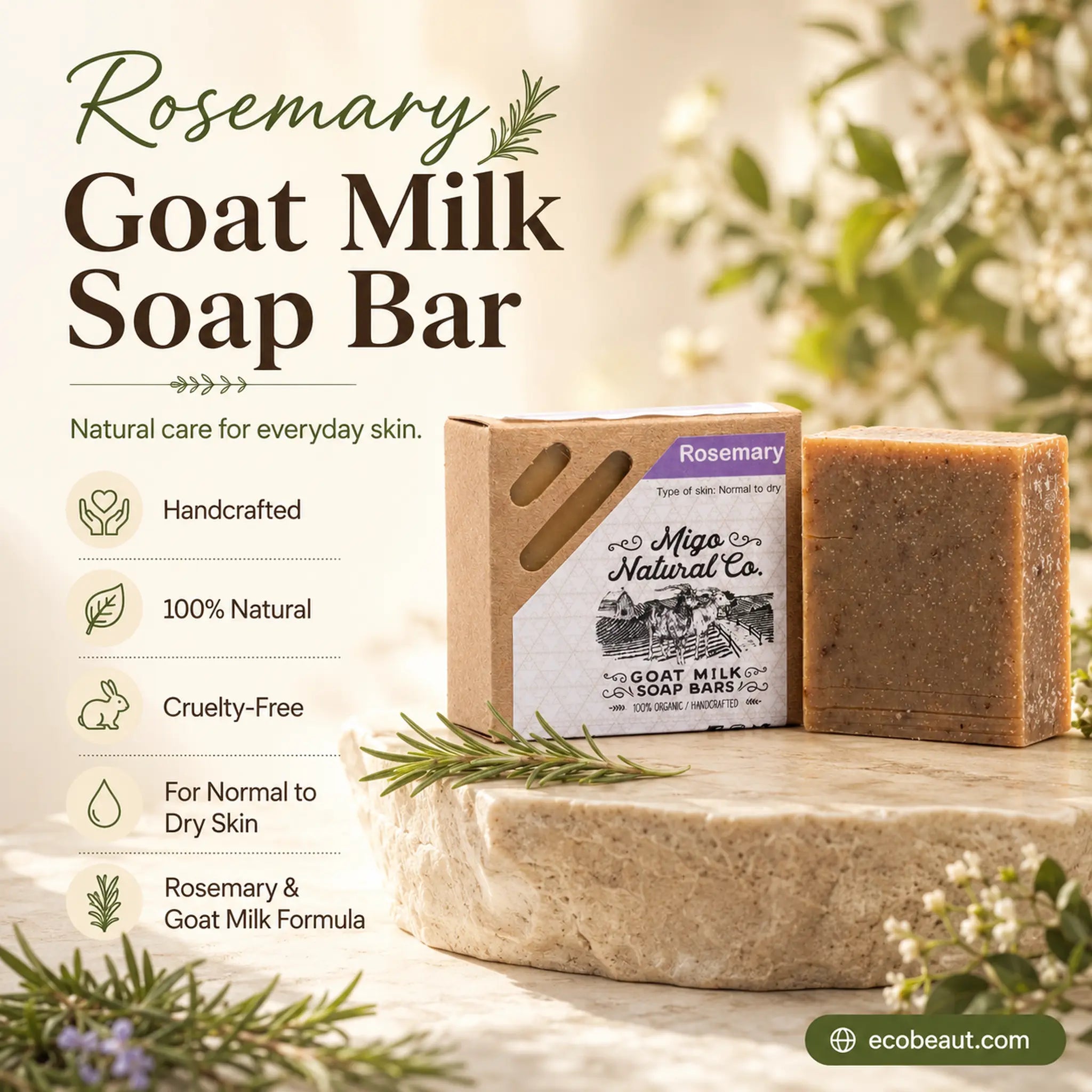 Rosemary Goat Milk Soap Bar by Mige Natural Co. shown with its kraft paper packaging box and a single bar of soap, styled on a stone slab with rosemary sprigs and white flowers against a warm, sunlit background.
