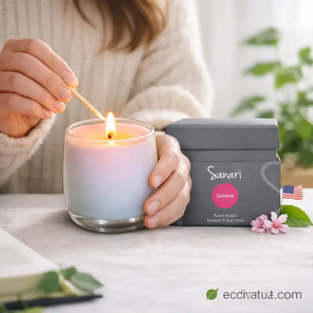 Person lighting a candle with 'Sanari' packaging in the background