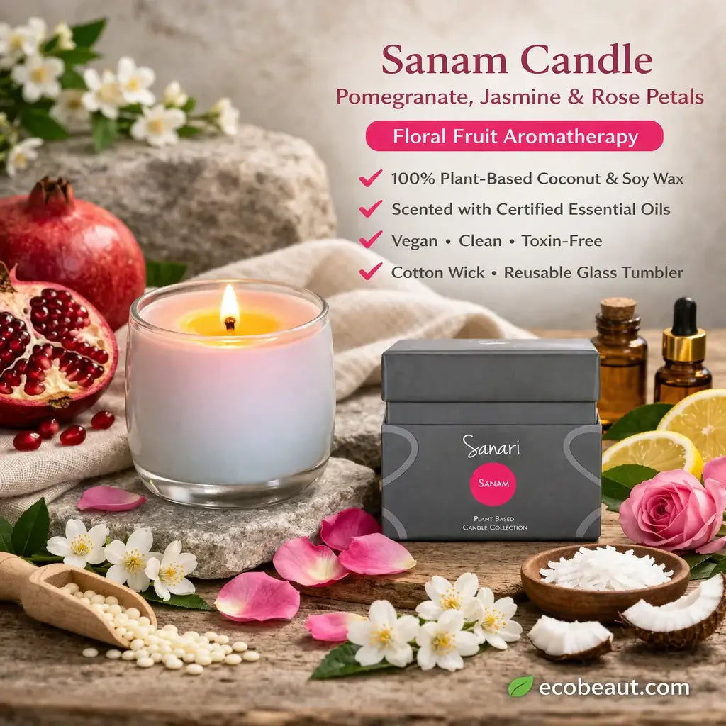 Sanam Candle with pomegranate, jasmine, and rose petals on a wooden surface with flowers and essential oils.