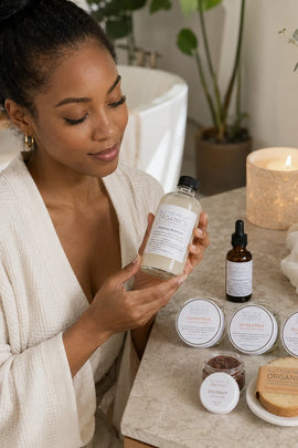 A woman in a white robe holds a bottle of Organic Cleanser from The Art of Living, surrounded by their skincare products on a stone countertop in a bright bathroom setting.