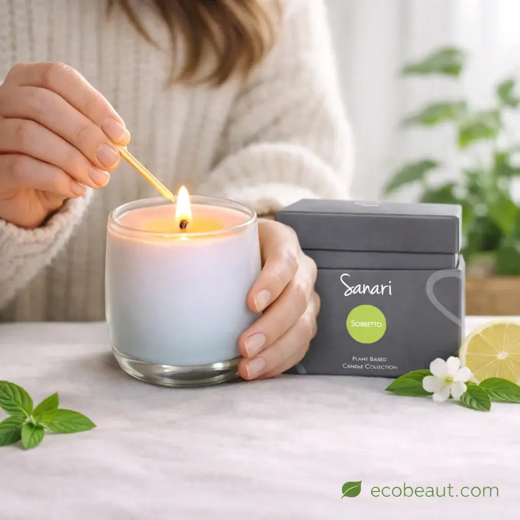 Person lighting a candle with 'Sanari' packaging in the background