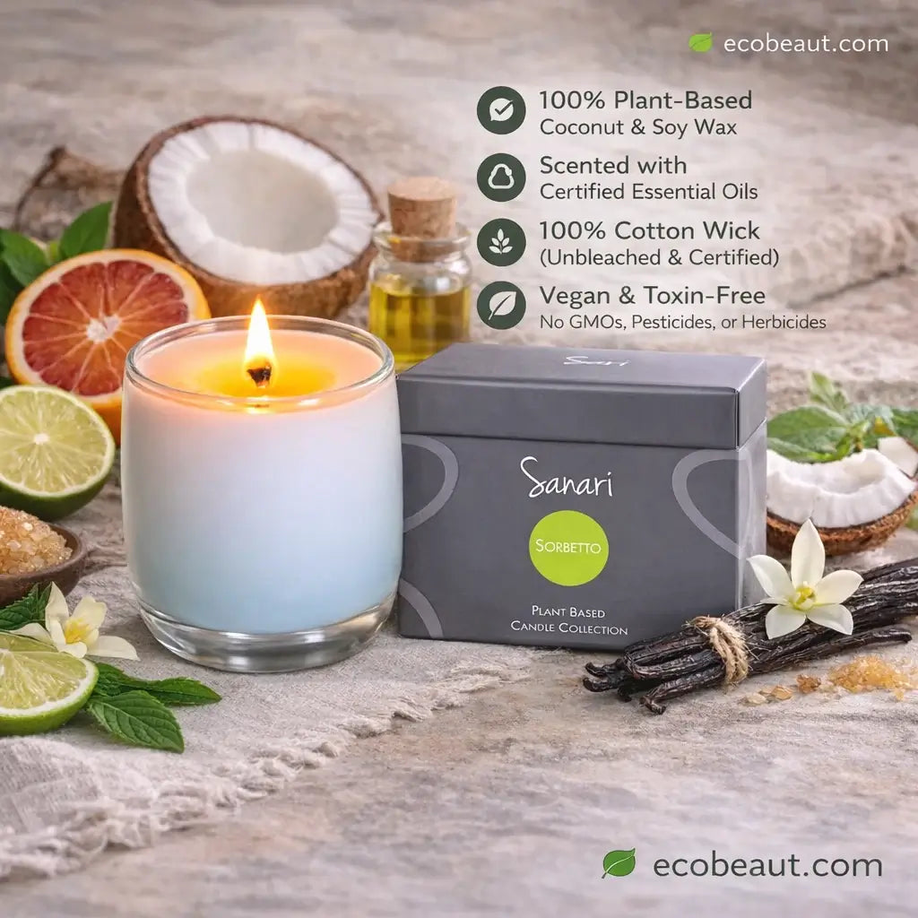 Sanari candle with coconut, lime, and vanilla beans on a wooden surface, featuring eco-beaut products.