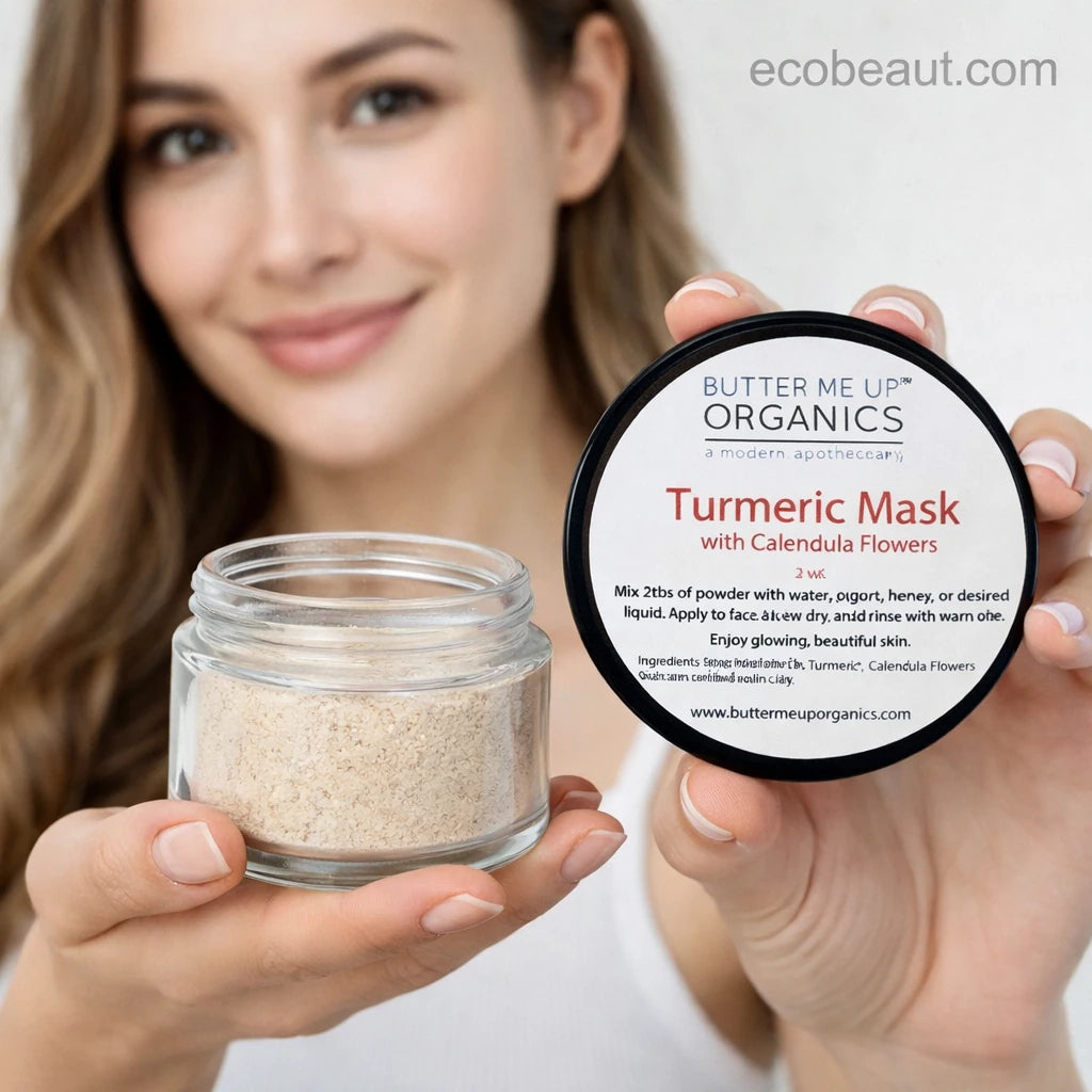 Woman holding a jar and container of Butter Me Up Organics Turmeric Mask with Calendula Flowers.