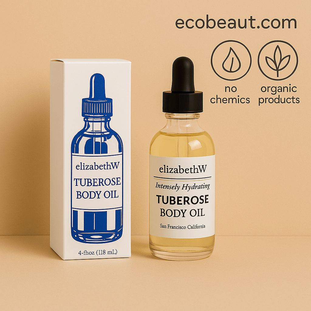 elizabethW Tuberose Body Oil with product box displayed on a beige background. Top right corner shows ecobeaut.com and icons: no chemicals, organic products.