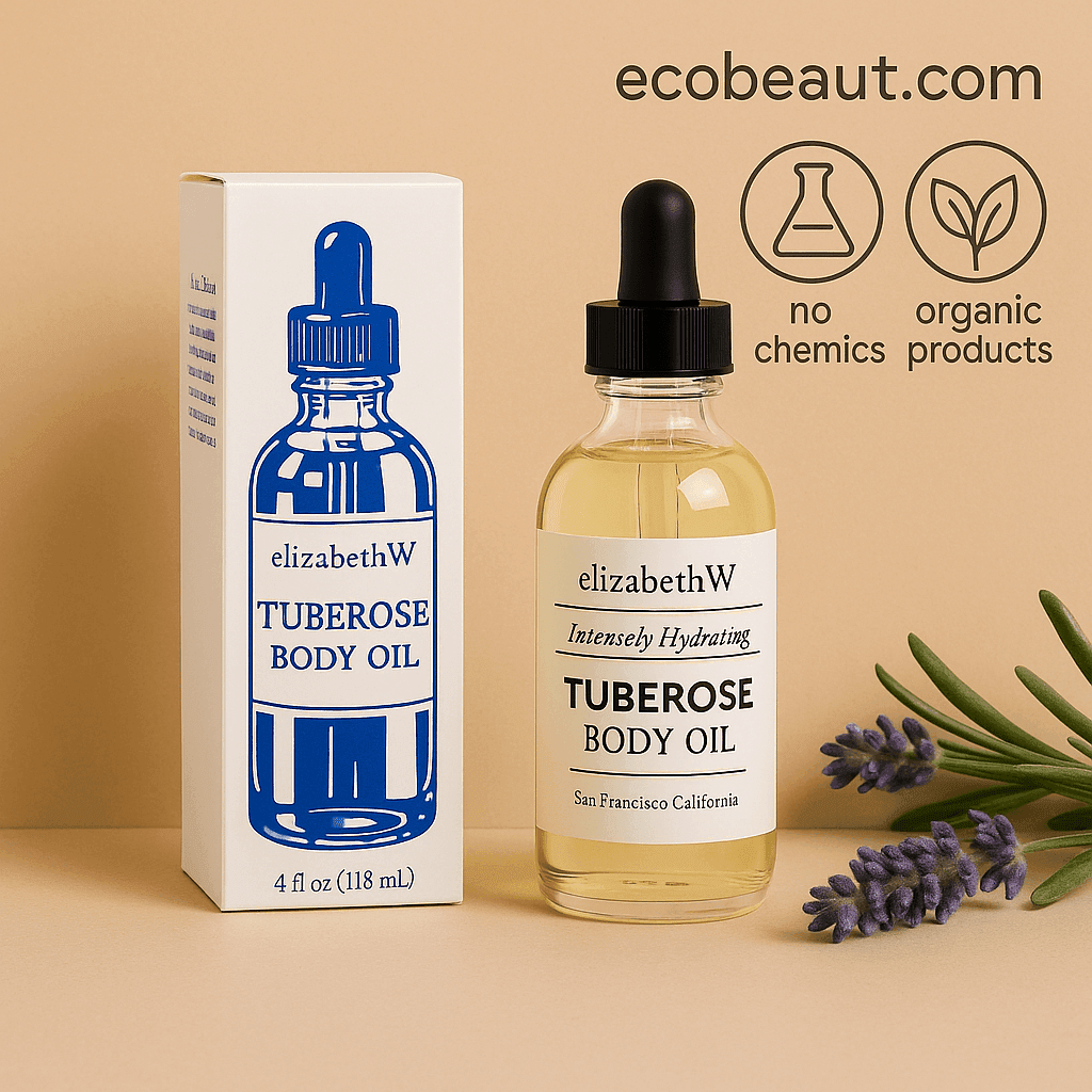 elizabethW Tuberose Body Oil with product box, lavender sprigs on the beige surface. Top right shows ecobeaut.com with icons: no chemicals, organic products.