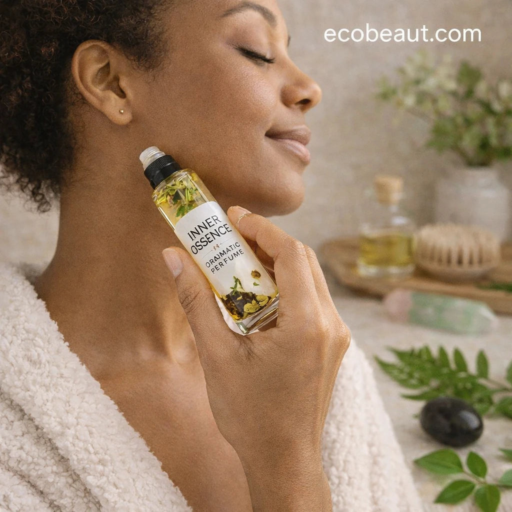 Woman holding a bottle of 'Inner Essence' product with a blurred background featuring a bath tray and plants.