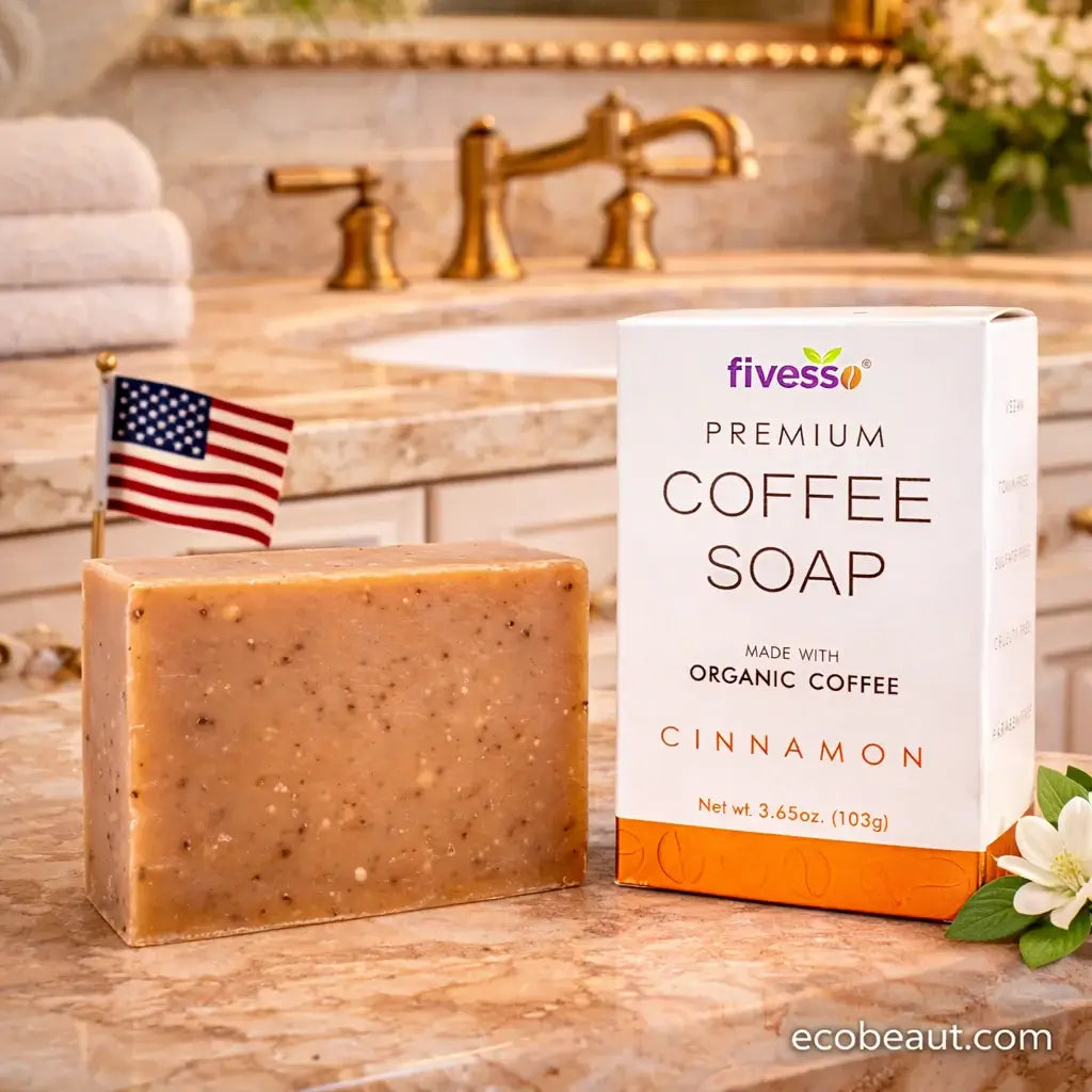 Bar of coffee soap with a box labeled 'fivess' on a bathroom counter.
