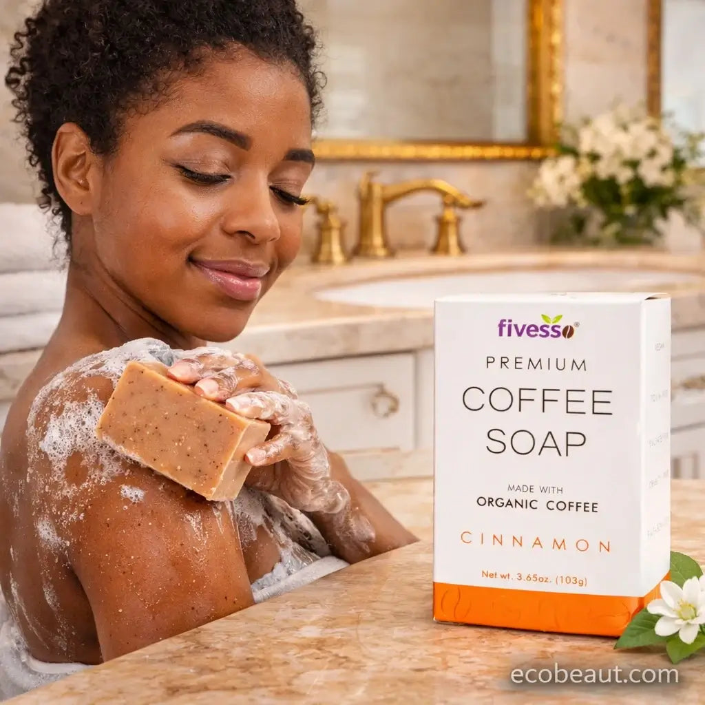 Woman using fivesso coffee soap in a bathroom setting with the product packaging displayed.