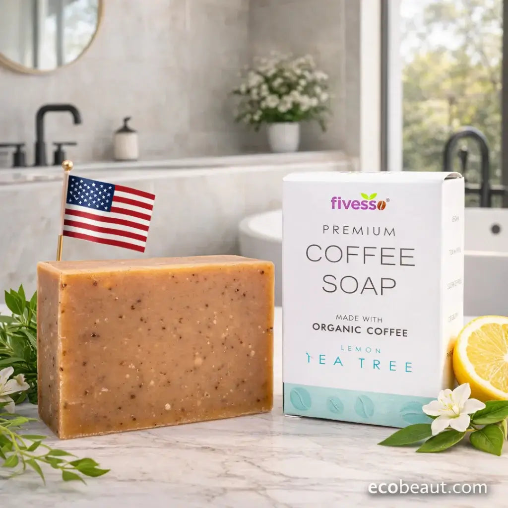 Bar of coffee soap with packaging and lemon on a bathroom counter