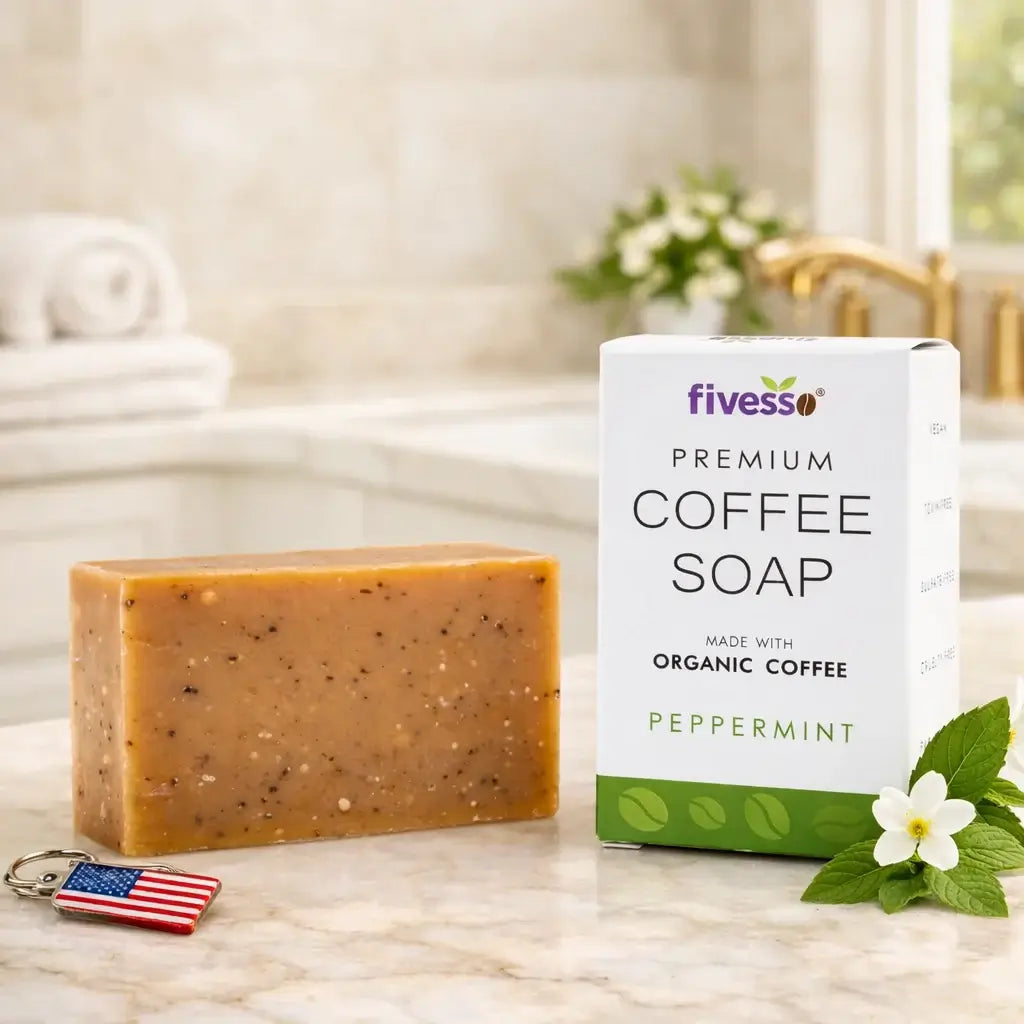 Fivess coffee soap bar and packaging on a bathroom counter with flowers and an American flag keychain.