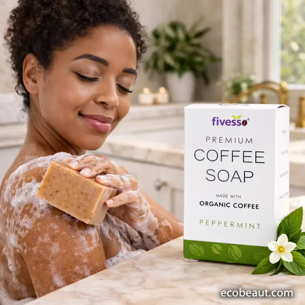 Woman washing with fivesso coffee soap in a bathroom setting