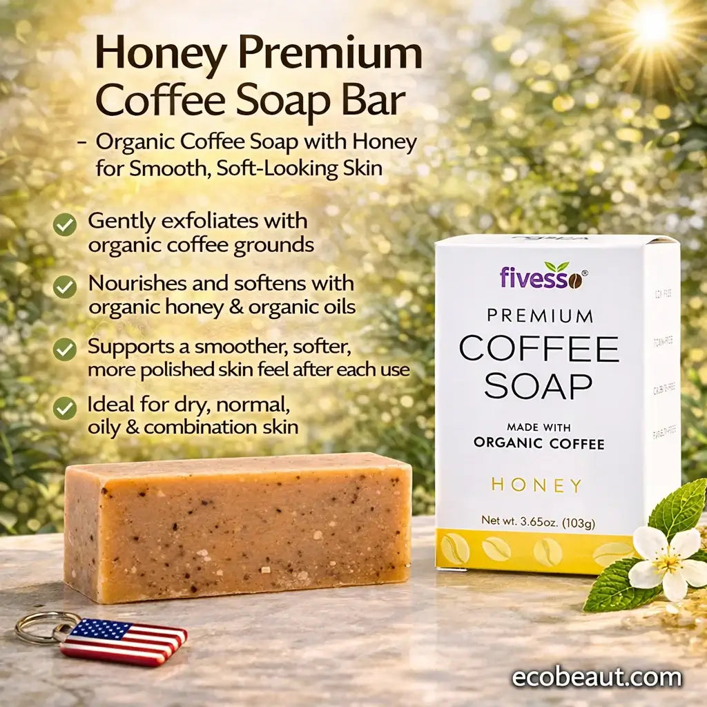 Honey Premium Coffee Soap Bar with packaging on a wooden surface with blurred greenery in the background.