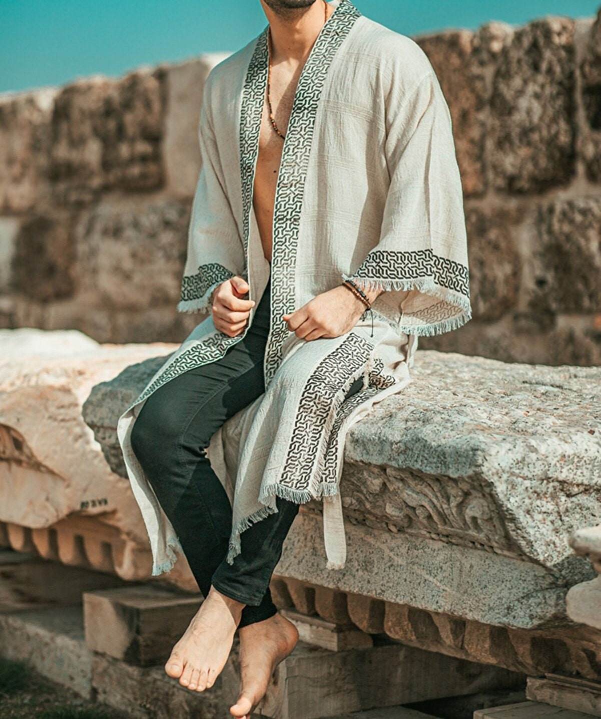 Ancient Sun God Cloak Kaftan – Handcrafted Linen Kimono for Timeless Elegance