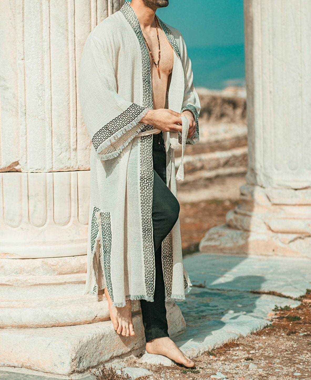 Ancient Sun God Cloak Kaftan – Handcrafted Linen Kimono for Timeless Elegance