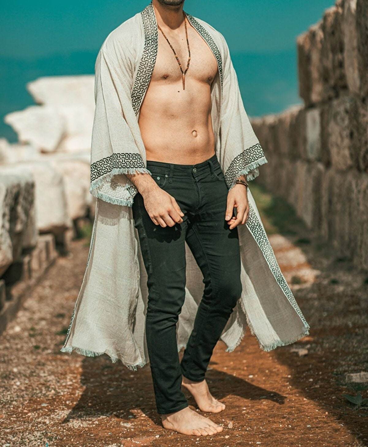 Ancient Sun God Cloak Kaftan – Handcrafted Linen Kimono for Timeless Elegance