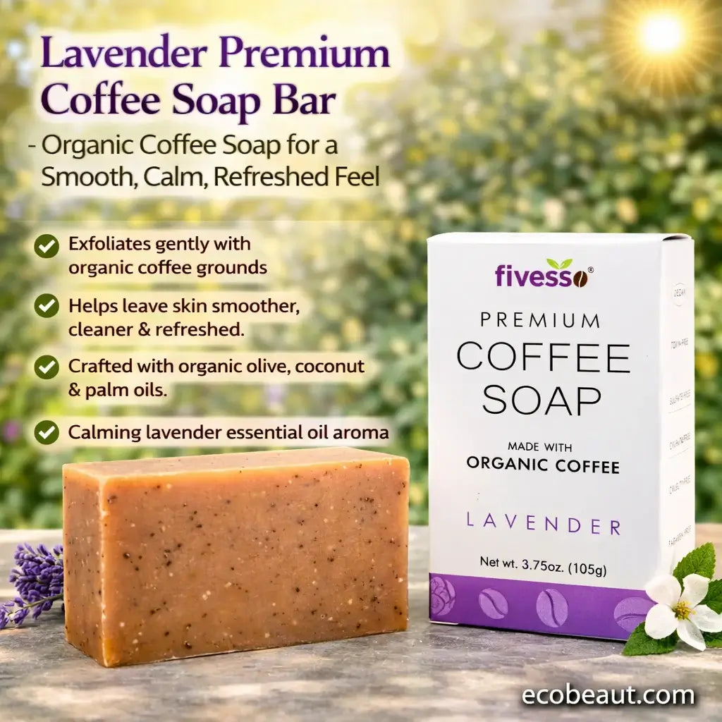 Lavender Premium Coffee Soap Bar with packaging on a wooden surface with blurred greenery in the background.