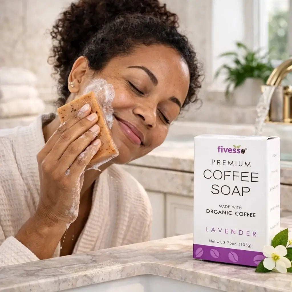 Woman using fivesso lavender coffee soap in a bathroom setting