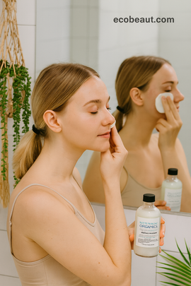 Woman applying facial product in front of a mirror with eco-beaut products visible.