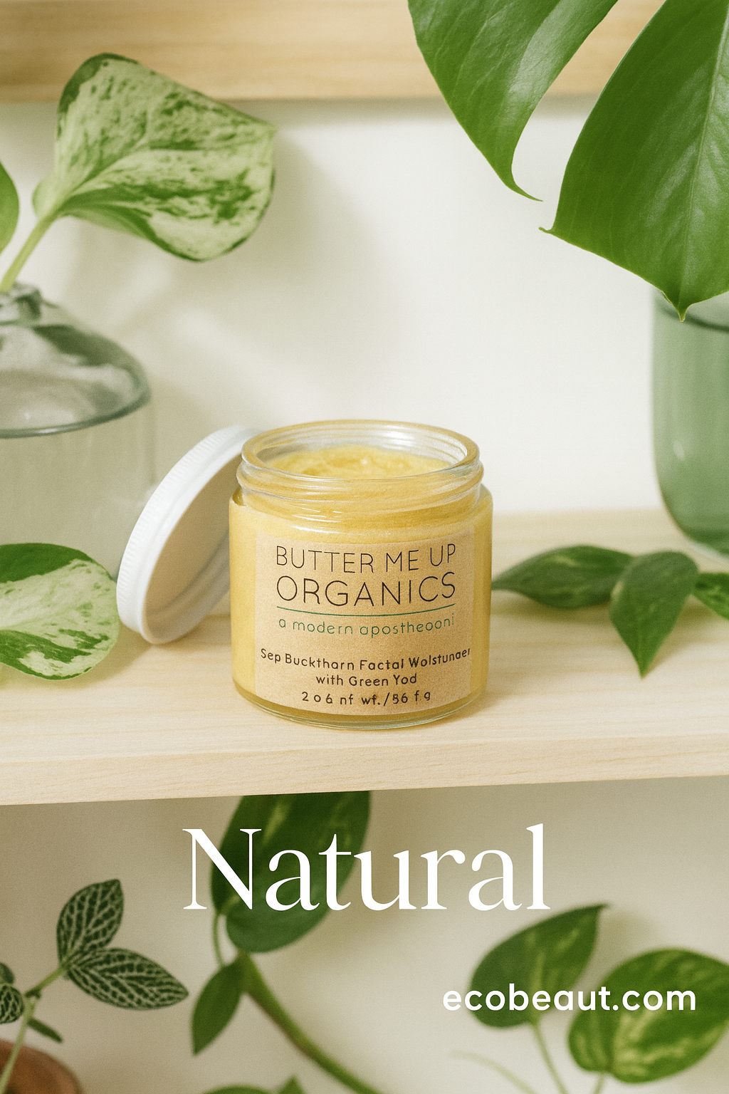 Natural sea buckthorn facial moisturizer Butter Me Up Organics on a wooden shelf with green plants, organic eco-friendly facial cream from ecobeaut.com