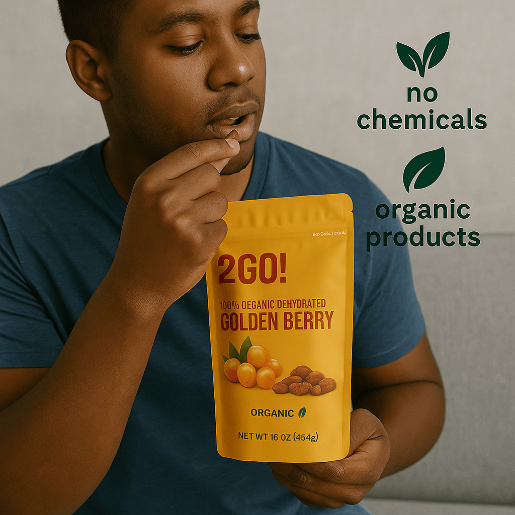 oung man eating organic dehydrated golden berries from an eco-friendly 2GO! snack pouch labeled with ecobeaut.com, no chemicals, organic products.