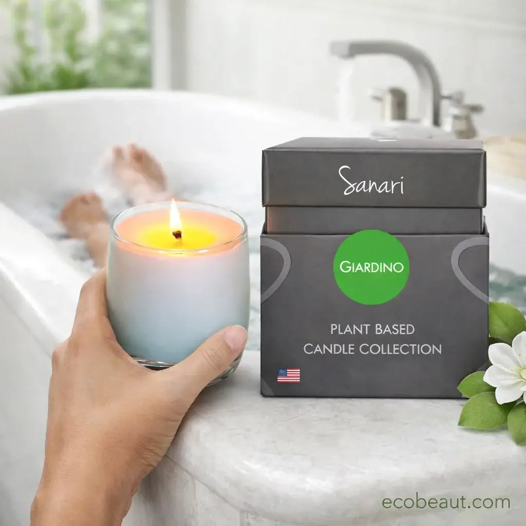 Hand holding a lit candle next to a box labeled 'Sanari Giardino' on a bathtub.