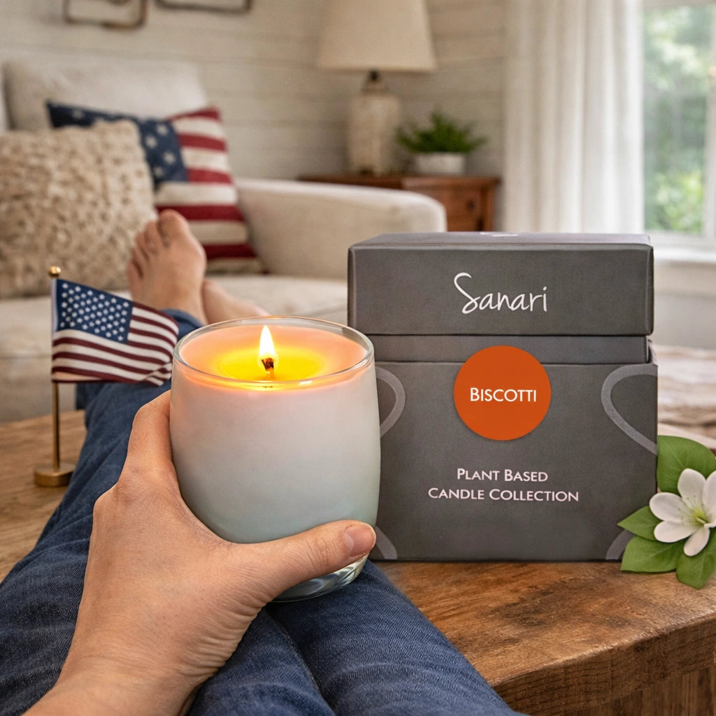 Person holding a lit candle next to a 'Sanari' biscotti candle box in a cozy living room.
