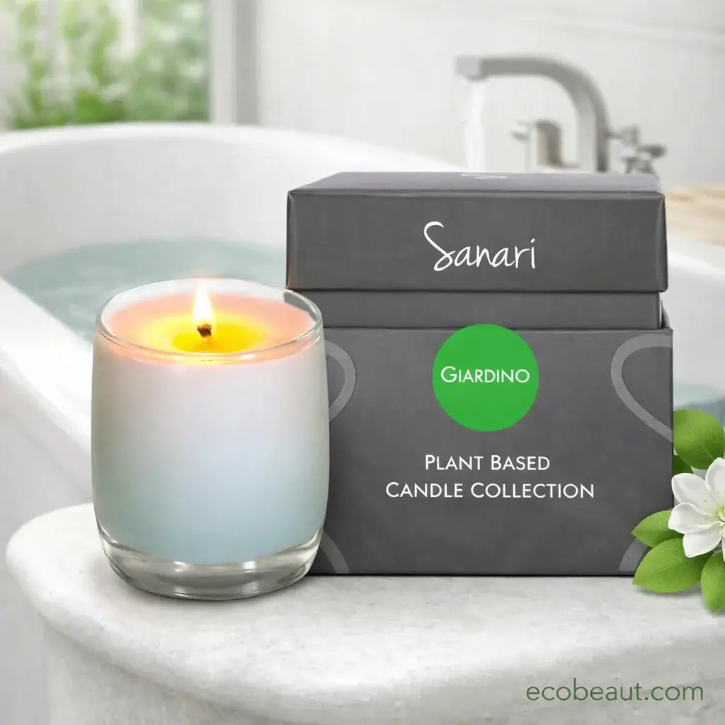 Sanari Giardino plant-based candle collection with a lit candle and packaging on a bathroom counter.