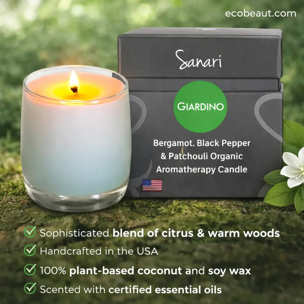 Sanari Giardino organic aromatherapy candle with packaging on a natural background