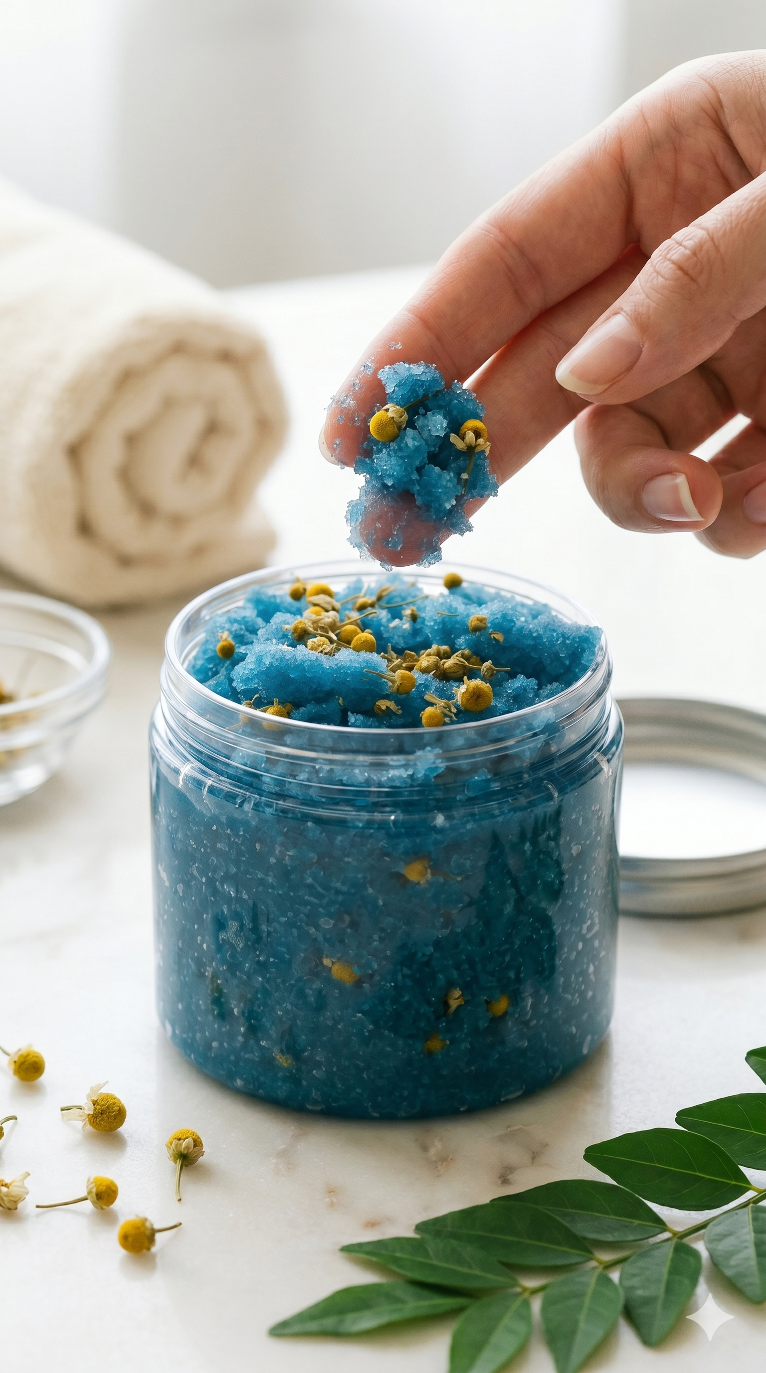 Hand holding blue bath scrub over a jar with green leaves and flowers on a light surface