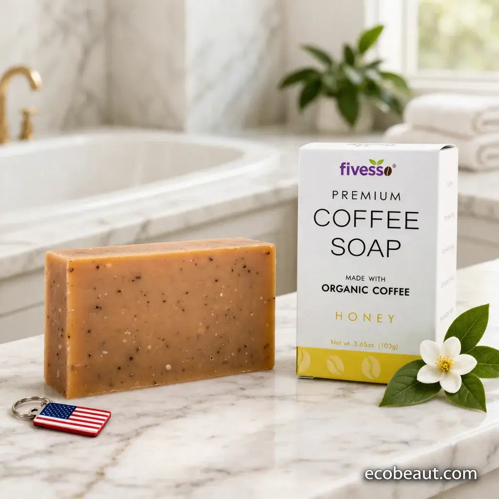 Fivesso coffee soap bar and packaging on a marble surface with a bathroom background