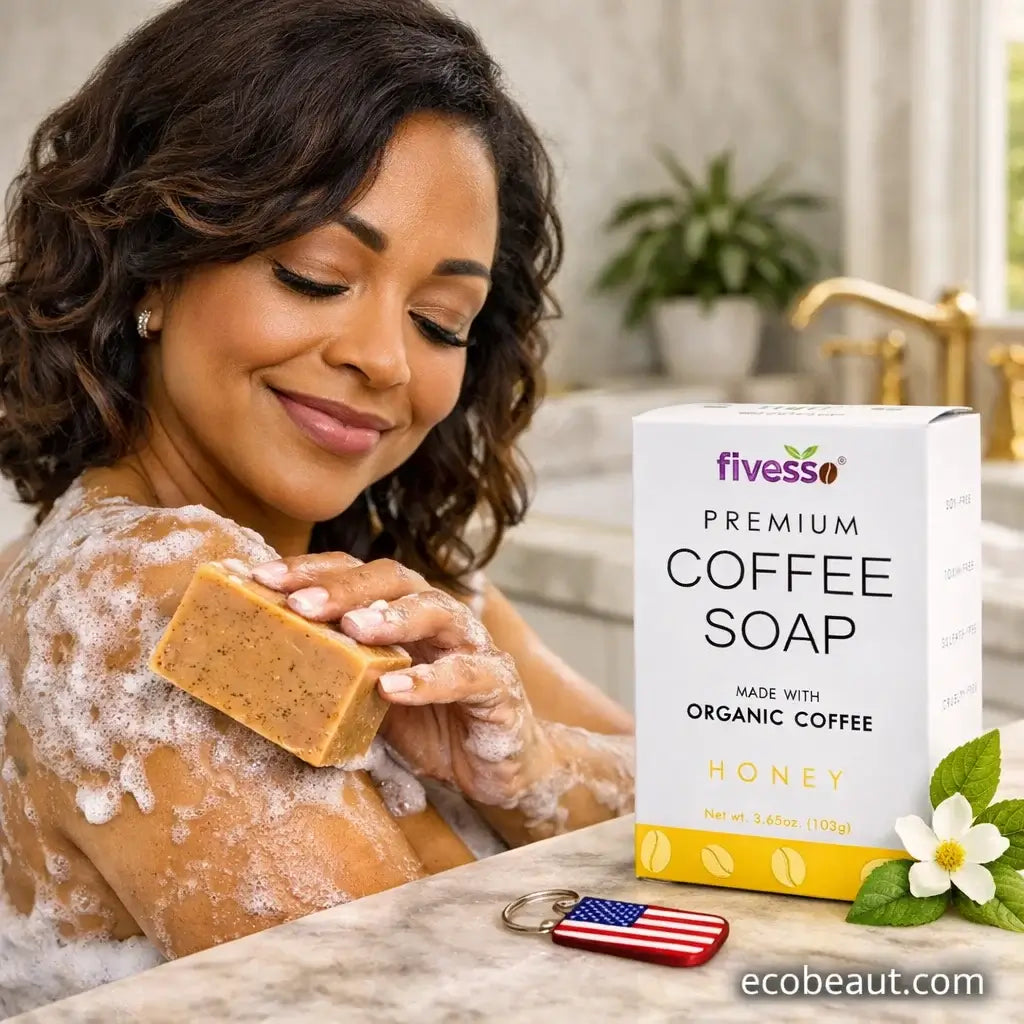 Woman applying fiveso coffee soap to her skin with a box of fiveso coffee soap in the foreground.