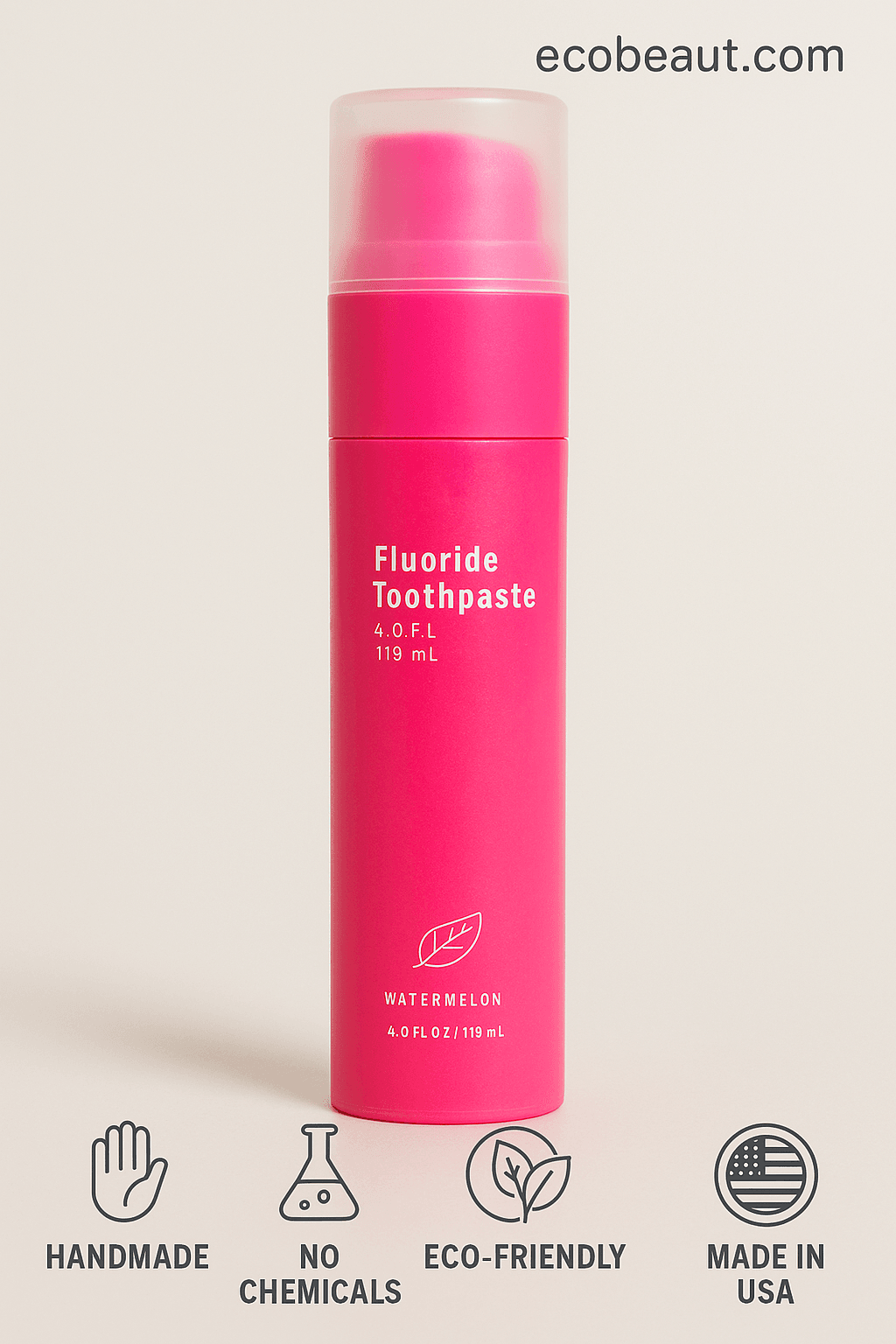 watermelon green fluoride toothpaste dispenser with eco-friendly icons, handmade, no chemicals, organic product, made in USA – ecobeaut.com