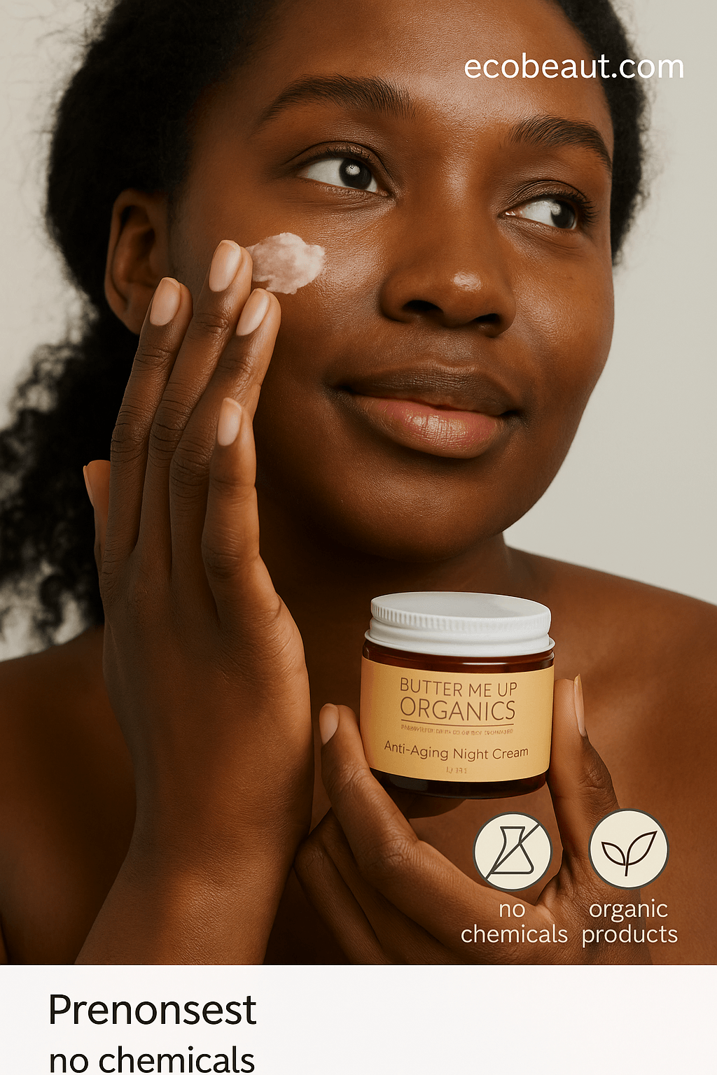 woman applying Anti-Aging Night Cream from Butter Me Up Organics, holding amber jar with white lid – ecobeaut.com, no chemicals, organic products