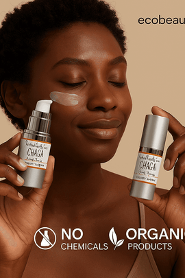  woman applying CHAGA face serum from Rooted Earth Farm with a silver pump bottle, smiling softly against a beige background with ecobeaut.com in the top right corner and icons for NO CHEMICALS and ORGANIC PRODUCTS at the bottom