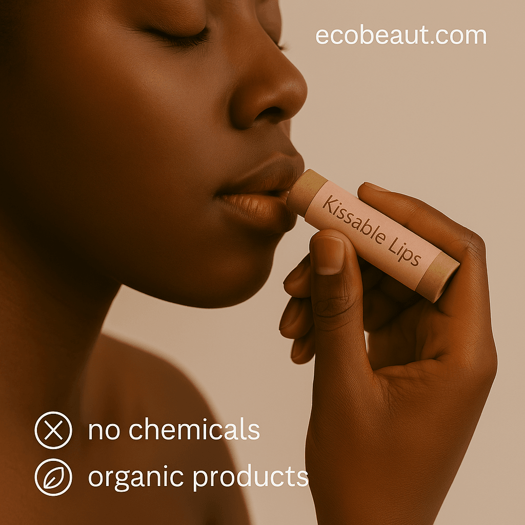 woman applying Kissable Lips organic lip balm from ecobeaut.com, holding eco-friendly kraft tube near lips – no chemicals, organic products