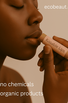 woman applying Kissable Lips organic lip balm from ecobeaut.com, holding eco-friendly kraft tube near lips – no chemicals, organic products