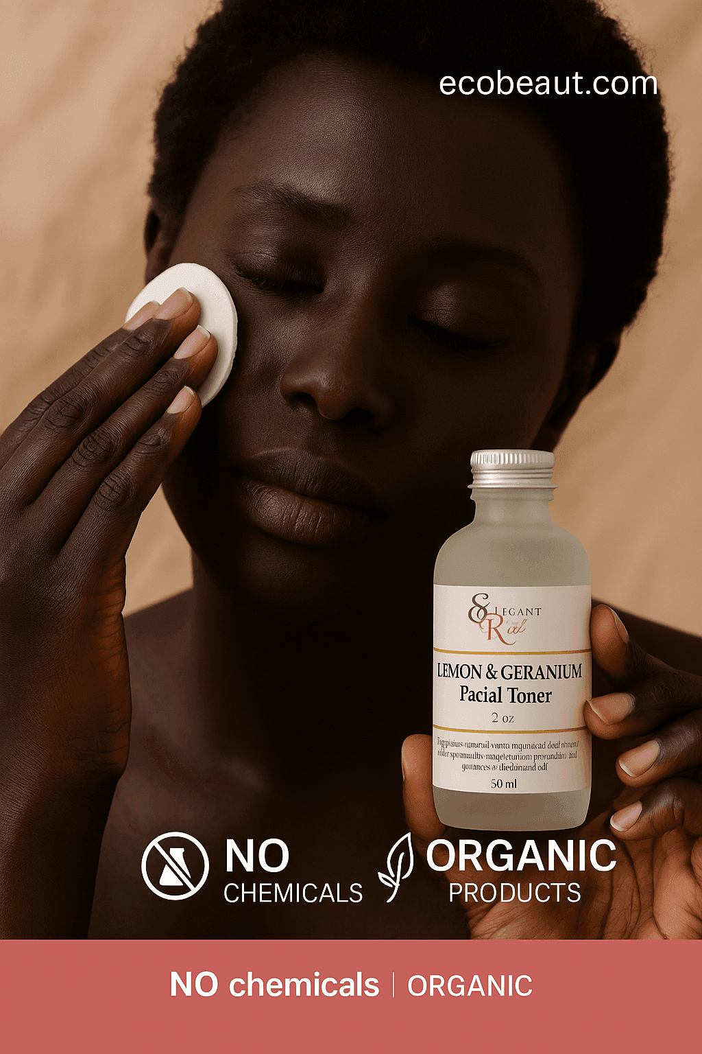 woman applying Lemon & Geranium Facial Toner by Elegant Rose with a cotton pad — natural skincare with ecobeaut.com in the top right corner, icons for no chemicals and organic products below