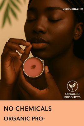 woman applying organic pink lip balm from a silver tin, with ecobeaut.com branding in the top right corner – no chemicals, organic products