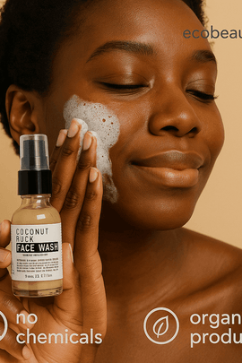  woman gently applying Coconut Milk Face Wash to her cheek, holding a bottle labeled ecobeaut.com – no chemicals, organic products