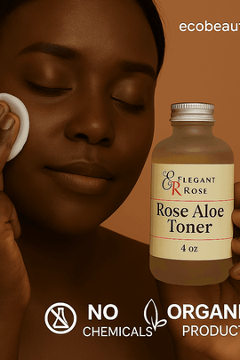 woman gently applying Elegant Rose Rose Aloe Toner with a cotton pad, holding the product bottle in her hand against a warm background with ecobeaut.com and icons for no chemicals and organic products