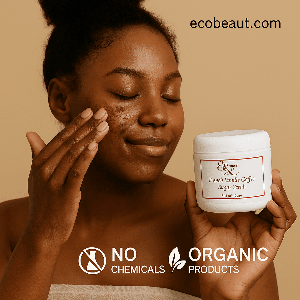 woman gently applying French Vanilla Coffee Sugar Scrub by Elegant Rose to her cheek, holding the jar, with ecobeaut.com in the top right and icons for no chemicals and organic products