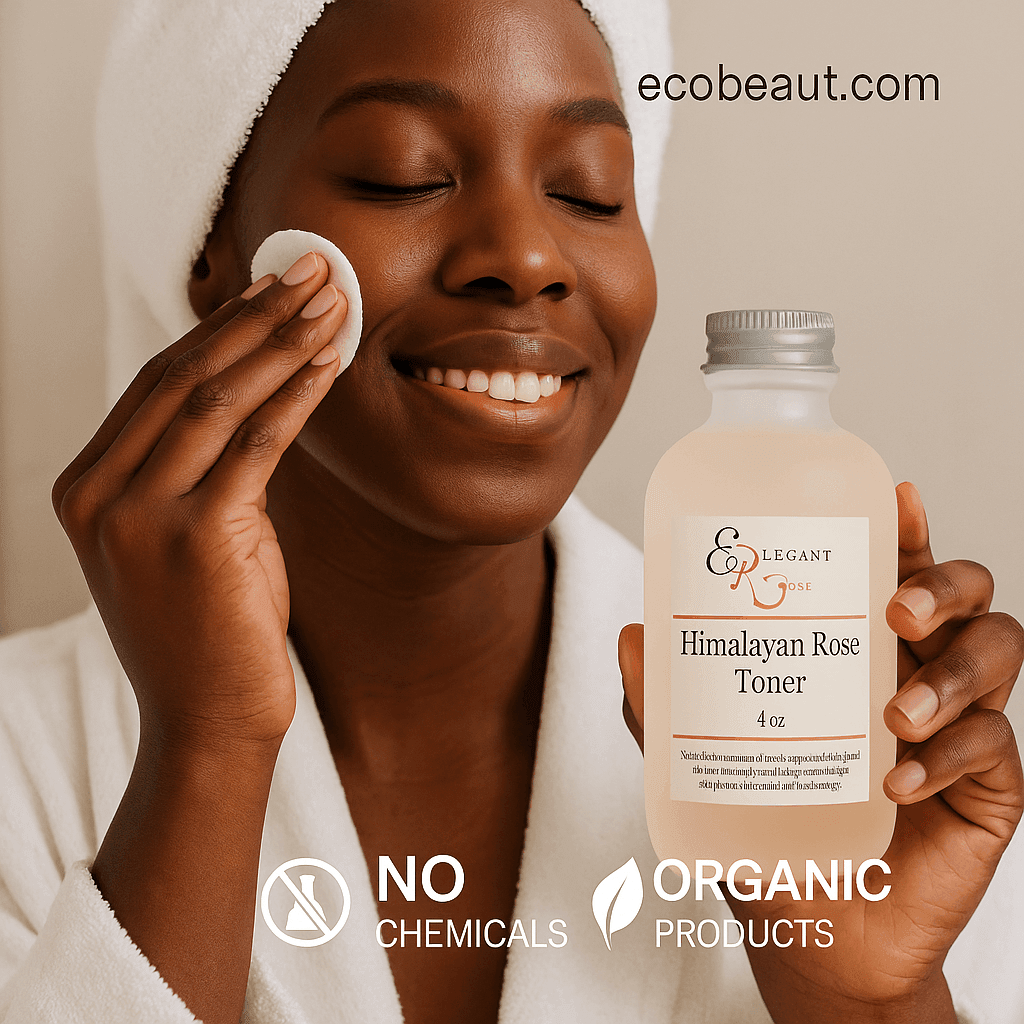 woman smiling and applying Himalayan Rose Toner by Elegant Rose with a cotton pad, holding the bottle, with ecobeaut.com in the top right and icons for no chemicals and organic products below