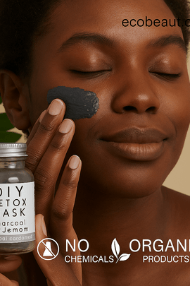  woman smiling with closed eyes while applying DIY Detox Mask to her cheek, holding the jar in hand, with ecobeaut.com in the top right and icons for NO CHEMICALS and ORGANIC PRODUCTS at the bottom