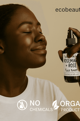  woman smiling with eyes closed as she sprays Rosemary + Rose face toner from Rooted Earth Farm onto her face, with ecobeaut.com in the top right corner and white icons for NO CHEMICALS and ORGANIC PRODUCTS at the bottom
